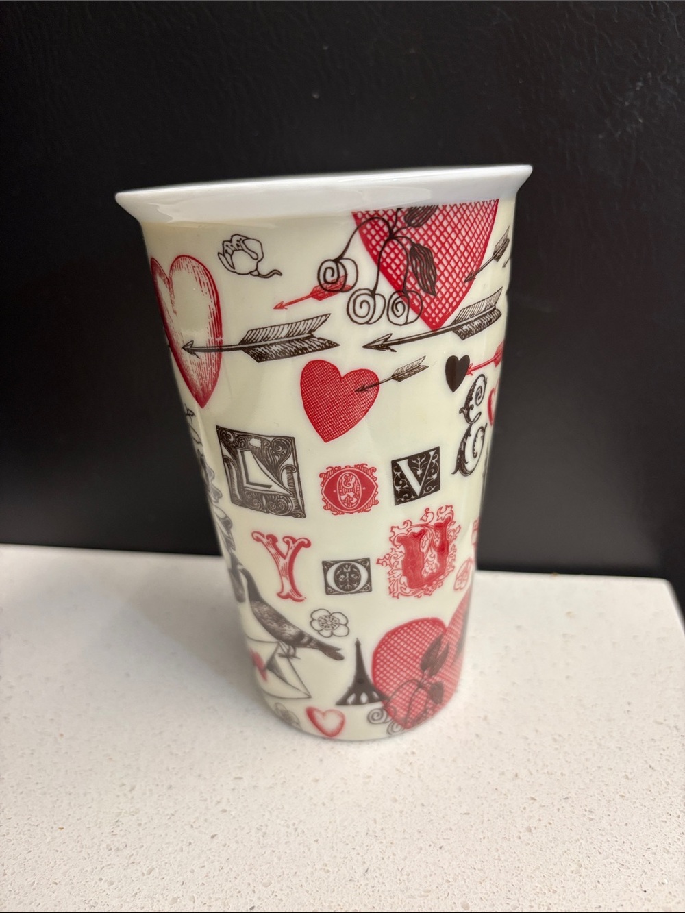 Starbucks White Ceramic Mug with Red and Black Heart Motif